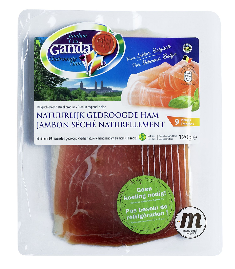 Ganda Ham in vacuümverpakking garandeert een langere houdbaarheid en kan buiten de koeling geplaatst worden om crossselling te vergemakkelijken